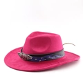 Hot pink suede western cowboy hat with blue flame band and silver winged buckle - M (56-58cm) / Rose Red