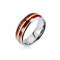 Polished titanium steel men's ring with double wood grain inlay on white background - US 6 / Silver
