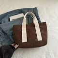 Brown corduroy tote bag with red strawberry print and off-white thick handles - Brown