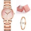 Close-up of rose gold watch and star bracelet set with palm leaf dial in a pink gift box - Pink + Bracelet + Box