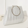 Silver pleated evening clutch bag with circular metal handle and shimmering texture - Silver