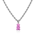 Detail eines rosa Bärenanhängers an einer groben silbernen Kordelkette mit Kristallen - Silber Rosa