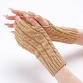 Knitted khaki fingerless gloves with cable patterns for winter hand warmth - One Size / Beige