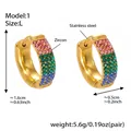 Detailed view of stainless steel hoop earrings with pink green and blue cubic zirconia stones - Colored Zirconia (F931-1) / Large