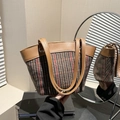 Retro plaid tote bag in brown and black tweed with leather handles for women - Brown (Three-color Plaid)