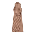 Elegante vestido midi sin mangas con cuello alto caqui y lunares marrones con pliegues - XS / Lunares Marrón Caqui