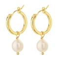 Detailed view of 14K gold plated hoop earrings featuring white pearls and zircon accents - Pearl Earrings