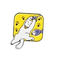 Cute white cartoon cat catching a fish on yellow background enamel pin badge - Cat catching Fish