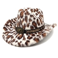 Close-up of leopard print plush cowboy hat with bronze bull head metal buckle detail - M (56-58cm) / Straight Top / Beige