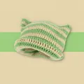 Detailed close-up of green and white striped crochet knit hat with cute cat ears - Green Yellow Striped