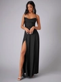 Sleek black satin backless gown featuring a high slit and floor-length silhouette - S / Black