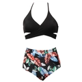 Top de bikini halter negro con braguita de talle alto y estampado de hojas tropicales - Niños 116 / Top Y Pantalón / Hojas naranjas largas