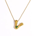 18k gold plated titanium steel bubble initial V necklace with green heart gem - Letter V