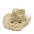 Straw hollow cowboy hat with boho shell beads and upturned brim for sun protection - M(56-58cm) / Beige
