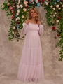 Roze mesh zwangerschapsjurk met pofmouwen en gelaagde rok voor de zomerse look - S / Roze