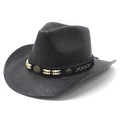 Classic black woven western straw cowboy hat with ethnic style decorative beaded band - M (56-58cm) / Black