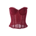 Top de corsé tipo bustier de encaje burdeos con malla transparente y ballenas sexis - S / Burdeos