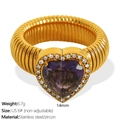 Golden ribbed stainless steel ring with a purple heart-shaped zircon and white stones - US Size 6 / Gold with Purple Zircon