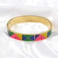 Modern gold finish stainless steel bangle featuring colorful pink and blue geometric enamel - Modern Pop Art Style (款式4) / Multicolor Geometric