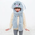Light gray plush bunny ear hooded scarf with moving ears and embroidered cartoon face - Large Size (Moving Ears) / 3-in-1 Grey Rabbit