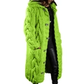 Close-up of chunky knit pattern and grey buttons on this long green hooded cardigan - 3XL / Tops / Neon Green