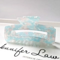 Macro shot of large 8.3cm acetate hair claw clip with blue marble rectangular design - 3# Light Blue Pink Marble