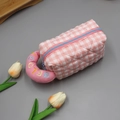 Pink checkered large capacity cosmetic bag with blue zipper and Melody embroidery - Pink-Small Pink Handle