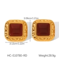 Detail showing dimensions of vintage square gold earrings with red stone and hammered texture - Red Square Relief Style (HC-E10780-RD)