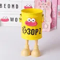 Creative yellow bucket pencil holder with cartoon face and DIY legs for desk storage - Yellow with Stickers and Feet / Yellow