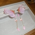 Detail von rosa Quastenohrringen mit Schmetterlingsflügeln und goldenen Akzenten - Rosa