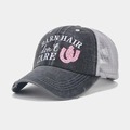 Detail of vintage washed baseball cap with pink embroidery and breathable mesh back - Adjustable / Grey Barn Hair Pink