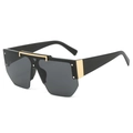 Fashion oversized semi-rimless sunglasses with black lenses and gold metal top bar - Black Frame Black Grey Lens