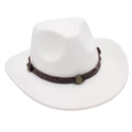 Detail of white wide-brim cowboy hat with brown leather belt and metal ornaments - White (with Decorative Band)