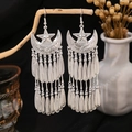 Bohemian silver earrings with moon and star pendants featuring triple layer metal tassels - Moon Star Multi-layer Tassel Style E2118-1