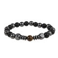 Macro shot of men's matte black beads and tiger eye stone bead with silver metal accents - Double Tiger Eye Silver Bead Style