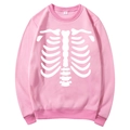 Pink fleece hoodie with white skeleton rib print and adjustable drawstring hood - S / Tops / Pink (White Skeleton Pattern)