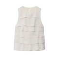 Elegante elfenbeinfarbene ärmellose Bluse mit Volants vorne und klassischem Rundhals - XS / Milchweiß