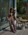 Dusty pink two-piece linen set featuring long sleeve shirt and wide-leg trousers - Coffee
