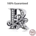 925 sterling silver letter R charm bead with sparkling zircon stones and vintage swirls - Letter R