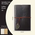 A6 coffee brown leather binder notebook with vintage leaf pattern and metal pendant - Lined / Coffee / A6