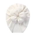 White baby turban hat with a large floral decoration and a central pearl detail - White