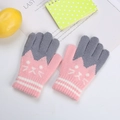 Winter knit gloves for kids featuring a grey and pink cat design with warm lining - 4-8 Years / Pink