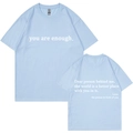 T-shirt en coton bleu clair à col rond avec slogan blanc montrant les vues avant et arrière - S / Hauts / Bleu clair