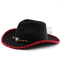 Black cowboy hat with red stitched brim and vintage bull head metal ornament - M(56-58cm) / Black/Red Edge