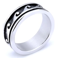 Macro view of men's Viking wave pattern steel ring with oxidized embossed details - Wave Sea Design Style (19307)