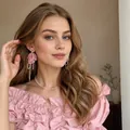 Elegant pink gauze flower earrings with shimmering tassels for women stylish look - Pink Flower Tassel Earrings