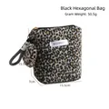 Leopard print faux fur hexagonal cosmetic bag with heart charm and secure zipper - Black Hexagon Bag