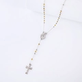 Detail van rozenkrans ketting met gouden kralen, Maria-icoon en kruisbeeld hanger - Tweekleurig (Goud & Zilver)