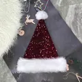 Sparkly burgundy sequin Christmas hat with plush white faux fur trim and pompom - 31*47cm / Burgundy
