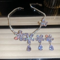 Detail shot of shimmering zircon flower necklace and matching water drop earrings set - 14# Necklace-Silver